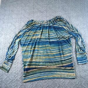 Women 2X Blue Gold Striped Dolman Sleeve Knit Top Button Cuff Blouse